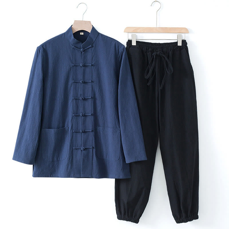 Buddha Stones Meditatiepak met kikkerknopen, Lange mouw, overhemd en broek voor heren - Donkerblauw shirt en zwarte broek - US/UK/AU44, EU54 (4XL) - image 0