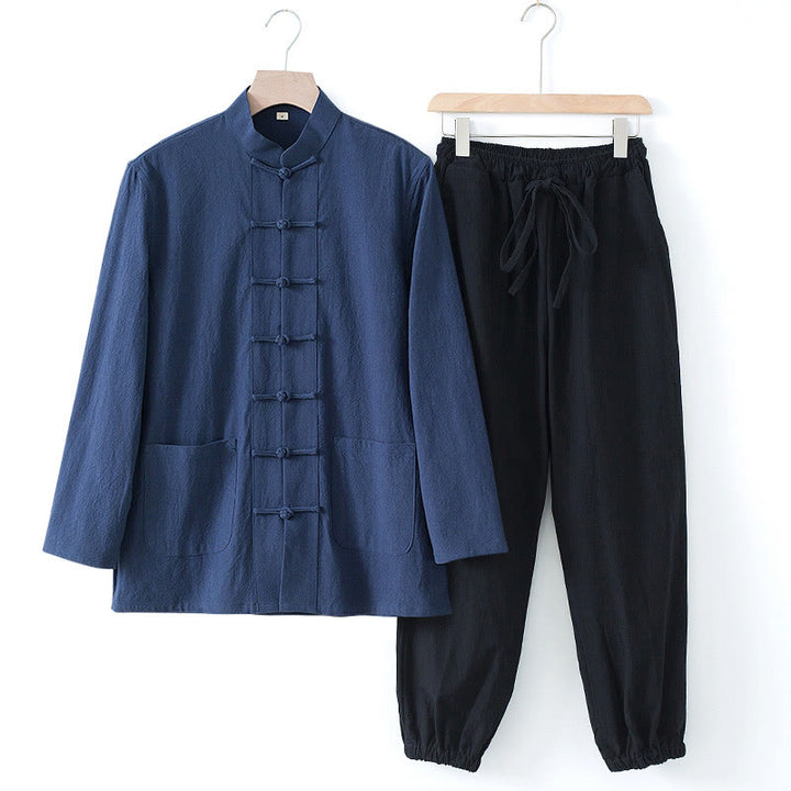 Buddha Stones Meditatiepak met kikkerknopen, Lange mouw, overhemd en broek voor heren - Donkerblauw shirt en zwarte broek - US/UK/AU44, EU54 (4XL) - image 0