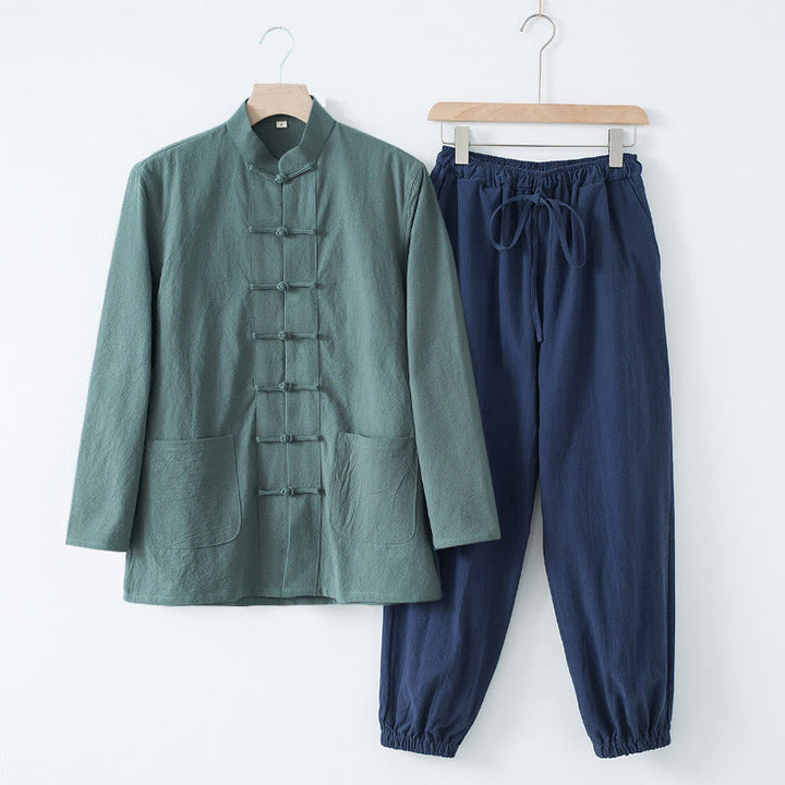 Buddha Stones Meditatiepak met kikkerknopen, Lange mouw, overhemd en broek voor heren - Cadetblauwe blouse &amp; donkerblauwe broek - US/UK/AU44, EU54 (4XL) - image 25