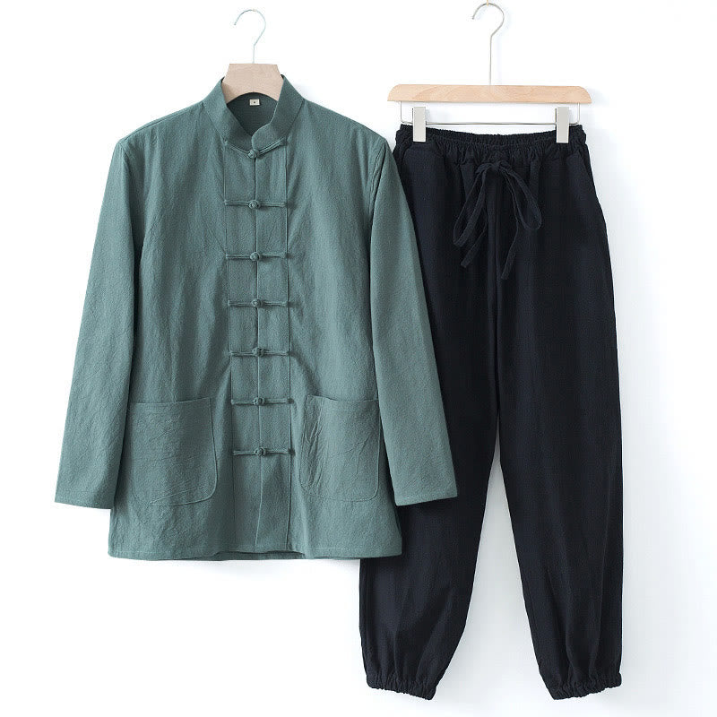 Buddha Stones Meditatiepak met kikkerknopen, Lange mouw, overhemd en broek voor heren - Cadetblauwe blouse en zwarte broek - US/UK/AU44, EU54 (4XL) - image 24