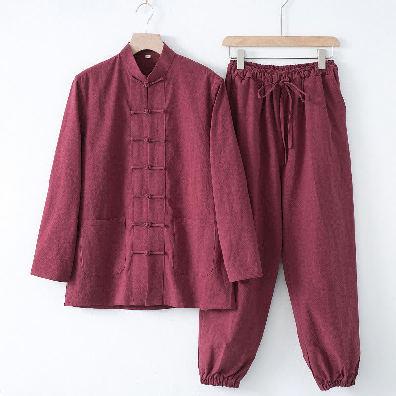 Buddha Stones Meditatiepak met kikkerknopen, Lange mouw, overhemd en broek voor heren - Bordeauxrood shirt en bordeauxrode broek - US/UK/AU44, EU54 (4XL) - image 14