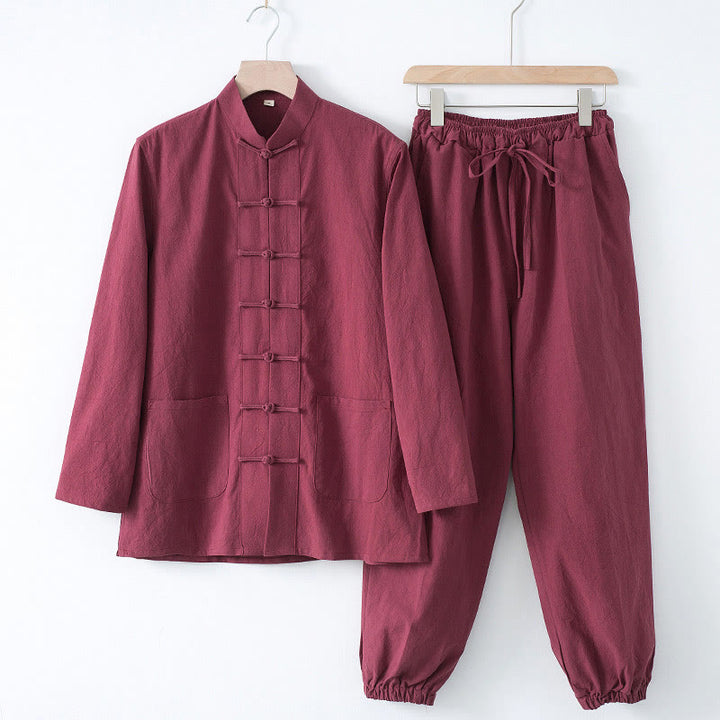 Buddha Stones Meditatiepak met kikkerknopen, Lange mouw, overhemd en broek voor heren - Bordeauxrood shirt en bordeauxrode broek - US/UK/AU44, EU54 (4XL) - image 14