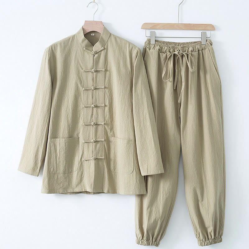 Buddha Stones Meditatiepak met kikkerknopen, Lange mouw, overhemd en broek voor heren - Beige shirt en beige broek - US/UK/AU44, EU54 (4XL) - image 15