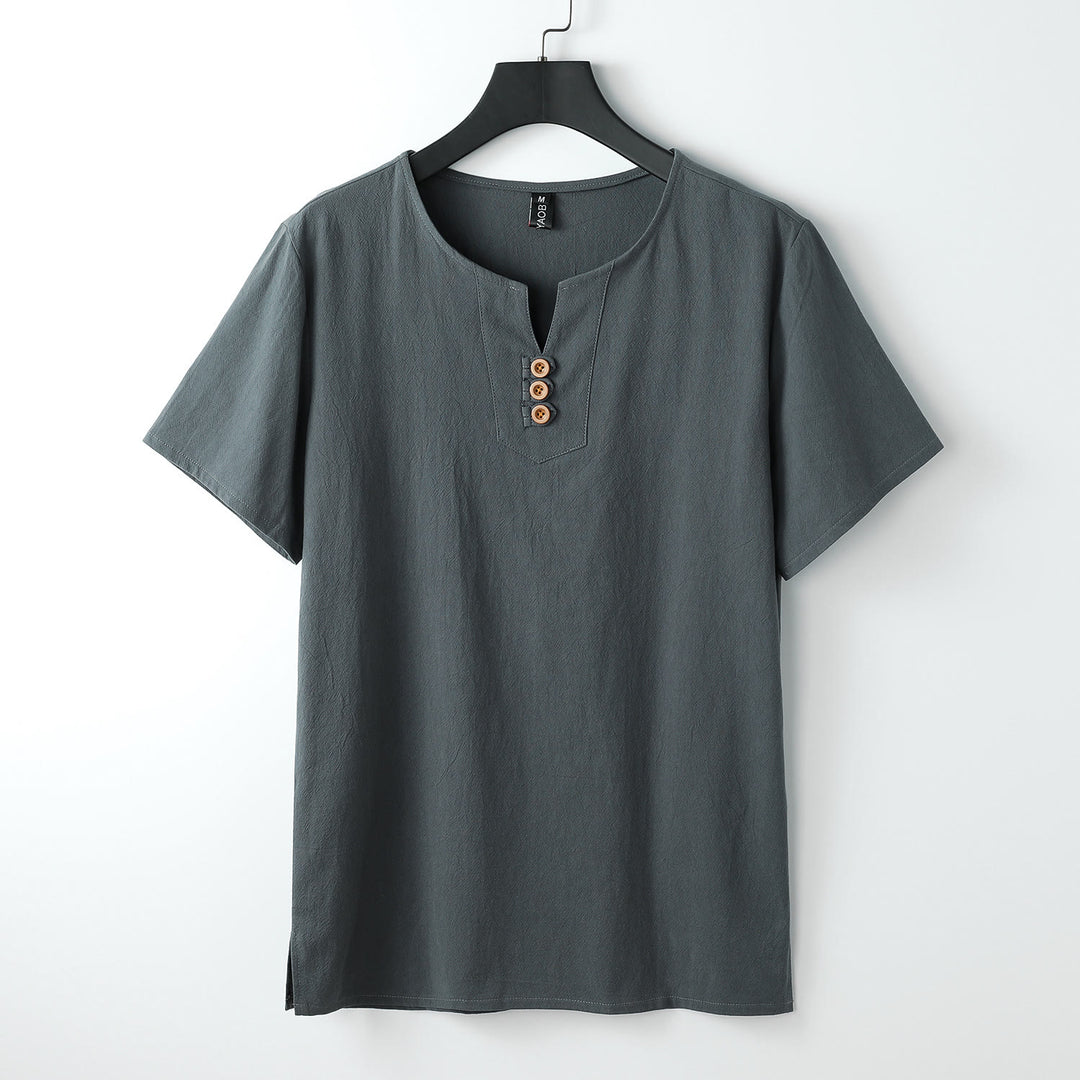 Buddha Stones Heren T-shirt, effen kleur, Korte mouw, V-hals met drie knopen, zacht shirt - Grijs - US/UK/AU54, EU64 (9XL) - image 0