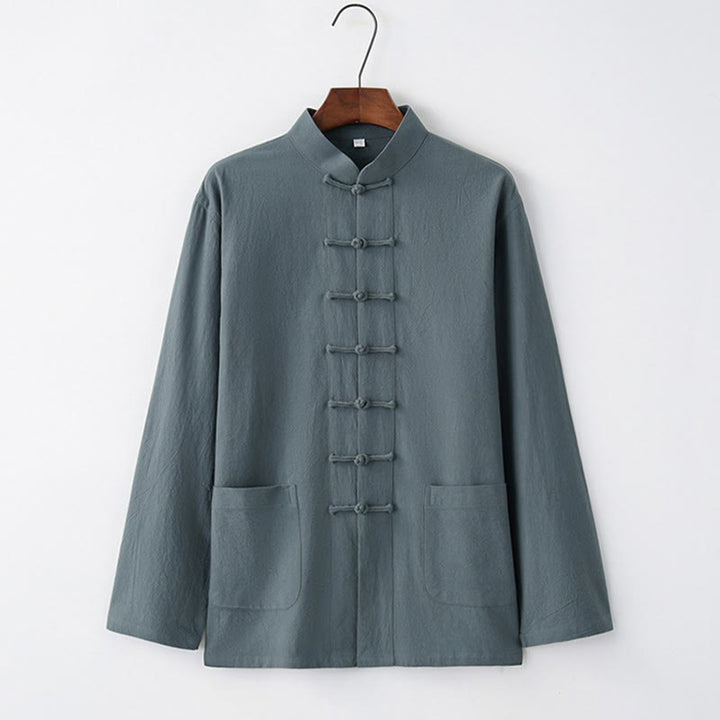 Buddha Stones Tang Frog-Button Shirt met Lange mouw, katoen, herenkleding - Lichtstaalblauw - US/UK/AU44, EU54 (4XL) - image 3