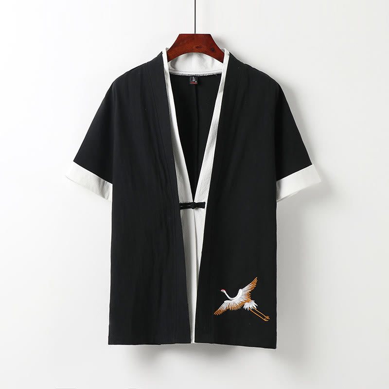 Buddha Stones Nep tweedelige heren kimono met korte Mouwlengte , geborduurd Hanfu-design, comfortabel katoen - Zwart - US/UK/AU54, EU64 (9XL) - image 1