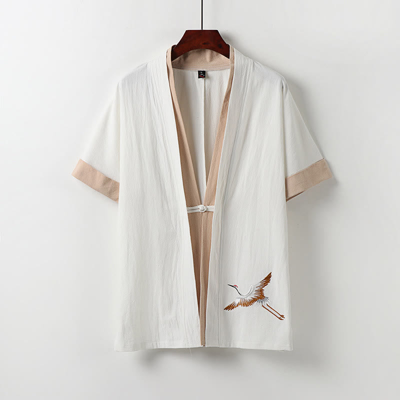 Buddha Stones Nep tweedelige heren kimono met korte Mouwlengte , geborduurd Hanfu-design, comfortabel katoen - Wit - US/UK/AU54, EU64 (9XL) - image 0