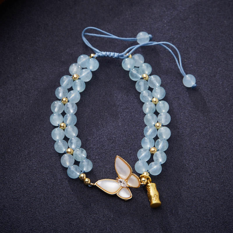 Buddha Stones Natuurlijke aquamarijn, amethist, maansteen, vlinder en bamboe helende Armband - Aquamarijn (Polsomtrek: ongeveer 14-16 cm) - image 0