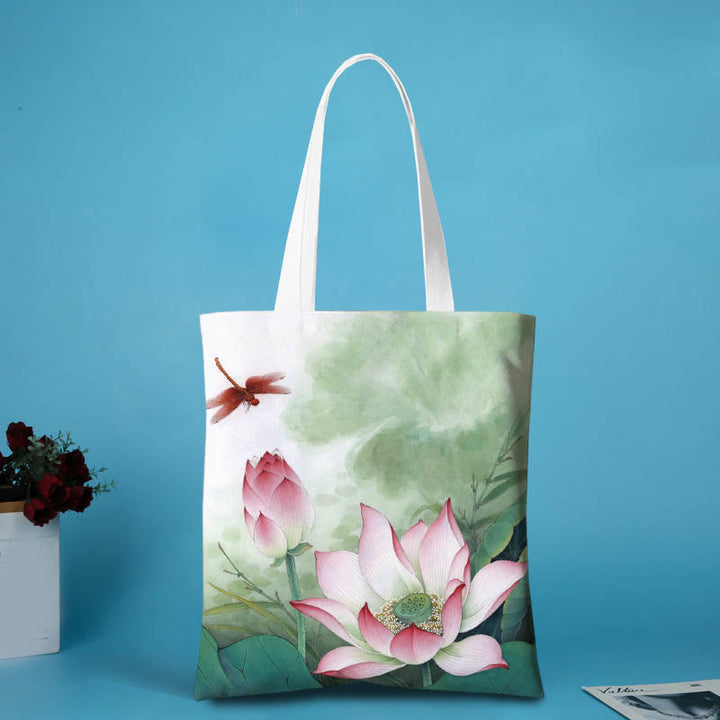 Buddha Stones Lotusvormige canvas Schoudertas - Roze lotus, rode libel - geen rits - image 0