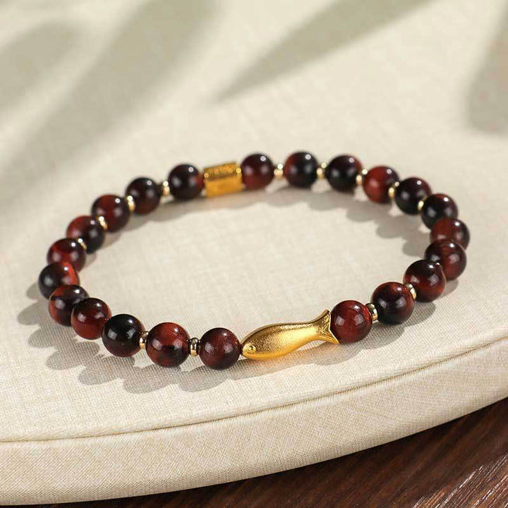 Buddha Stones Tijgeroog Koi Vis Armband - Rode tijgeroog (Polsomtrek 14-16 cm) - image 0