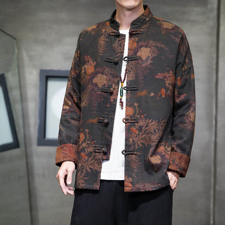 Buddha Stones Frog-But Chinese Tang Suit Lang Overhemd Katoenen Herenjas Kleding - Zwart - US/UK/AU46, EU56 (5XL) - image 0