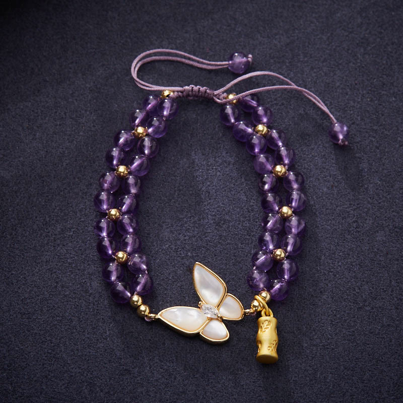 Buddha Stones Amethist vlinder bamboe balancerende, stressverlichtende gevlochten Armband - Amethist (Polsomtrek 14-23 cm) - image 0
