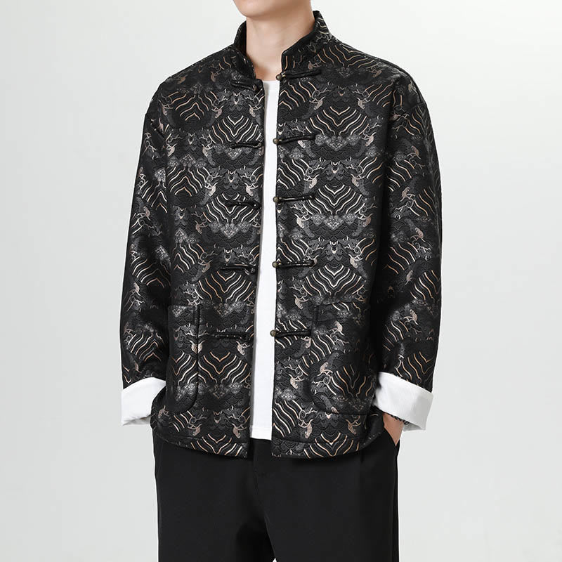 Buddha Stones Frog-But Chinese Tang Suit Wave Shape Lang Shirt Men Jacket Clothing - Zwart - US/UK/AU46, EU56 (5XL) - image 0