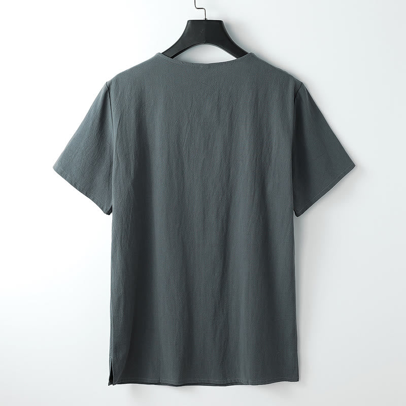Buddha Stones Heren T-shirt, effen kleur, Korte mouw, V-hals met drie knopen, zacht shirt - image 1