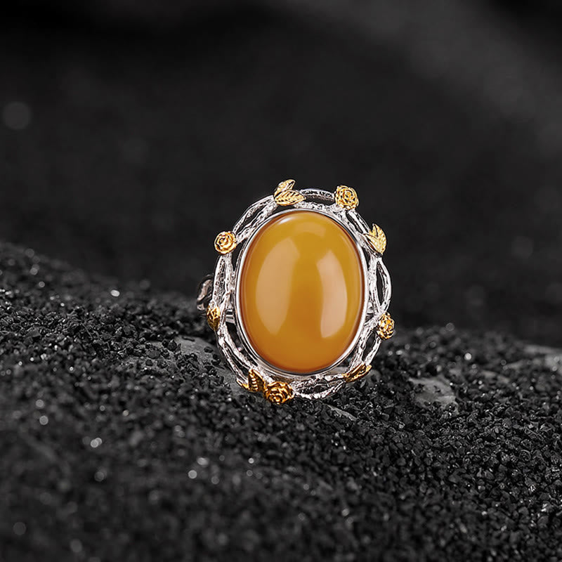 Buddha Stones Verstelbare Ring met focus van 990 sterling zilver verguld met amber. - image 2
