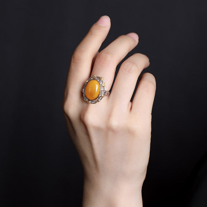 Buddha Stones Verstelbare Ring met focus van 990 sterling zilver verguld met amber. - image 3