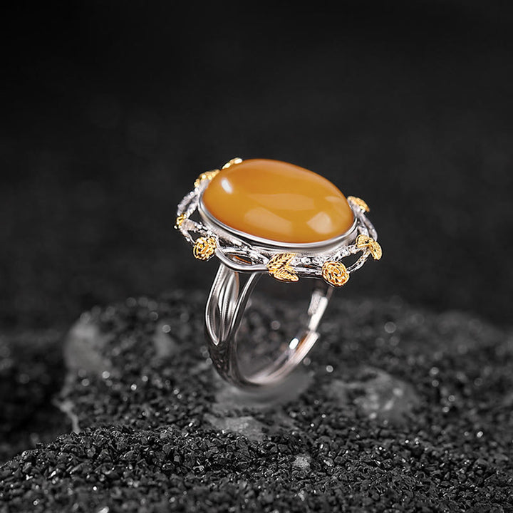 Buddha Stones Verstelbare Ring met focus van 990 sterling zilver verguld met amber. - image 1