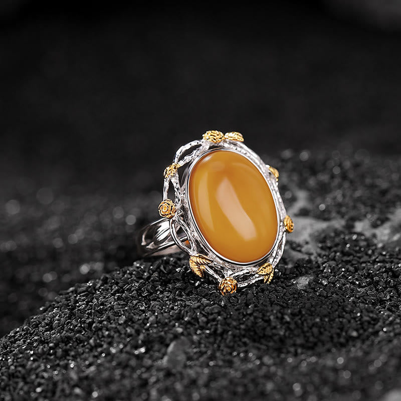 Buddha Stones Verstelbare Ring met focus van 990 sterling zilver verguld met amber. - Amber (Omtrek: 54-60 mm) - image 0