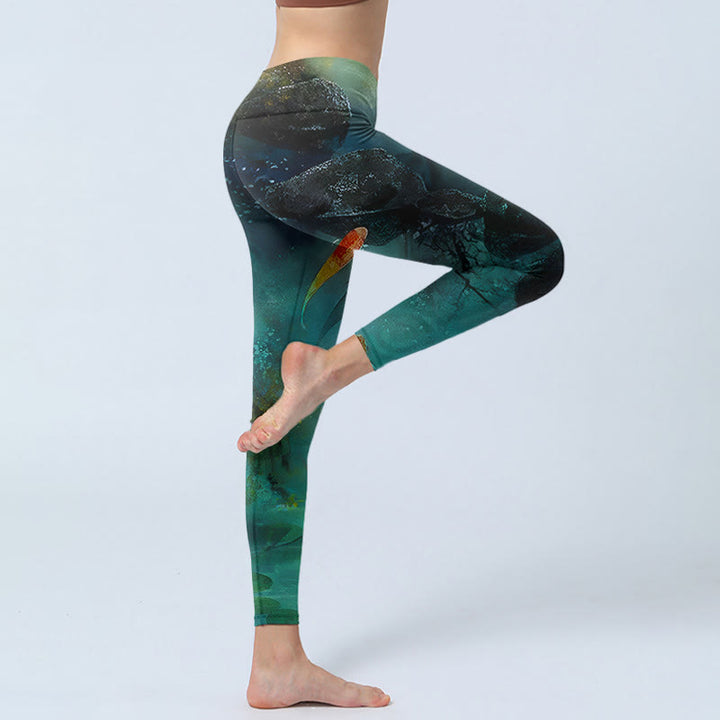 Buddha Stones Sportlegging met print van vijverkoi en rotsen, damesyogabroek - image 3