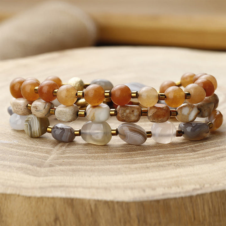 Buddha Stones Botswana agaat, rode agaat, keizersteen, creativiteit, drievoudige Armband - Botswana agaat, rode agaat, keizersteen (Polsomtrek: 14-16 cm) - image 0