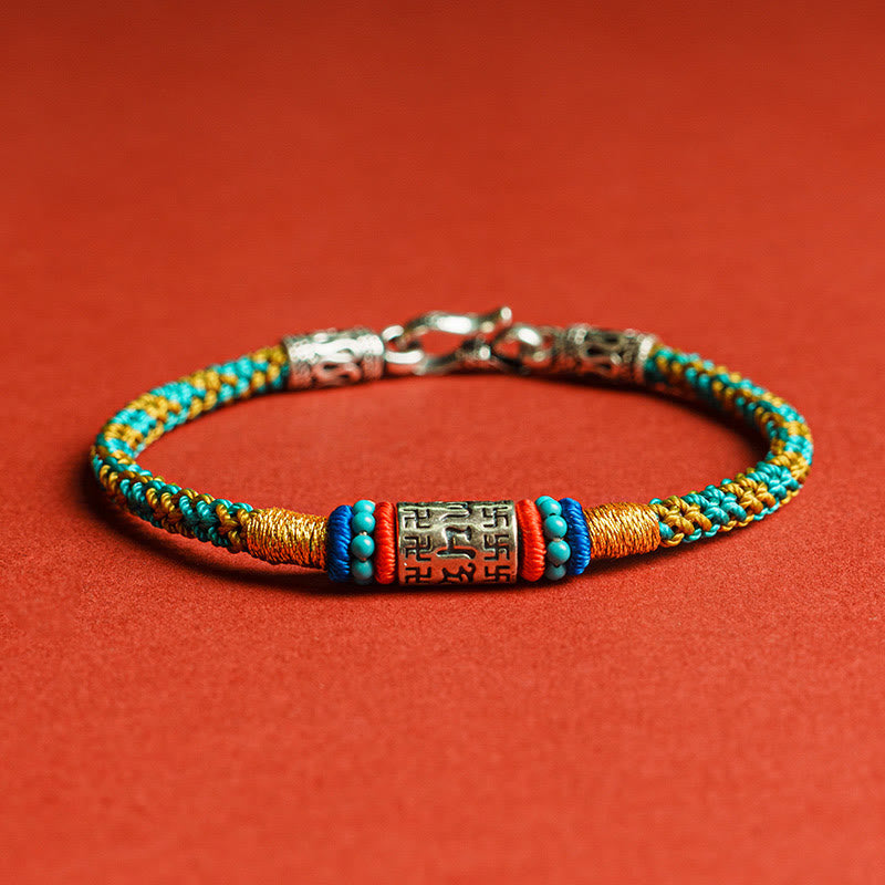 Buddha Stones Kleurrijk koord met de tekst "Zes ware woorden" en een Armband van 925 zilver. - 925 sterling zilver - 19 cm - image 0