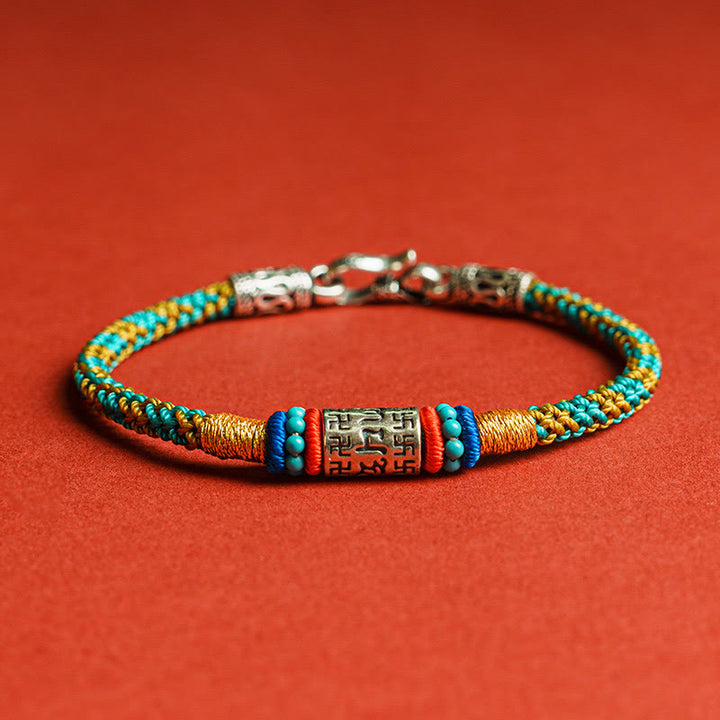 Buddha Stones Kleurrijk koord met de tekst "Zes ware woorden" en een Armband van 925 zilver. - 925 sterling zilver - 19 cm - image 0