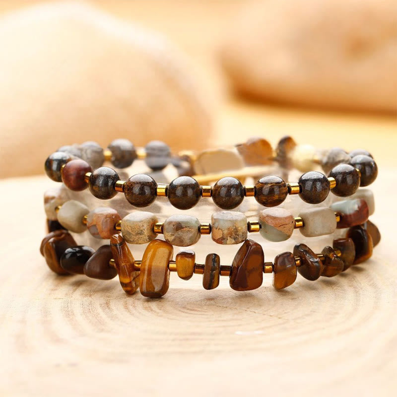 Buddha Stones Bronzen Keizersteen Tijgeroog Vastberadenheid Drievoudige Armband - Bronziet Keizersteen Tijgeroog (Polsomtrek: 14-16 cm) - image 0