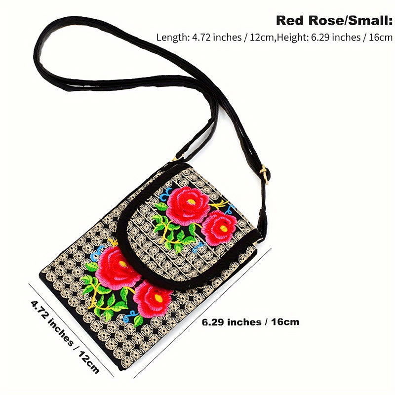 Buddha Stones Schoudertas (crossbody)/ Rugzak van canvas met Inula-bloem en rozenborduurwerk - Rode roos 12*1*16cm - image 14