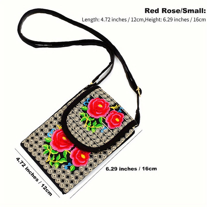 Buddha Stones Schoudertas (crossbody)/ Rugzak van canvas met Inula-bloem en rozenborduurwerk - Rode roos 12*1*16cm - image 14