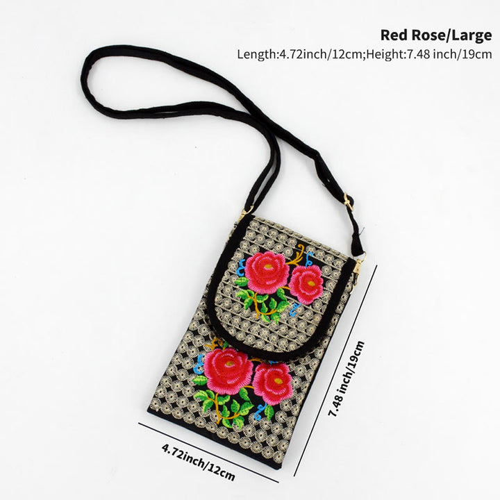 Buddha Stones Schoudertas (crossbody)/ Rugzak van canvas met Inula-bloem en rozenborduurwerk - Rode roos 12*1*19cm - image 13