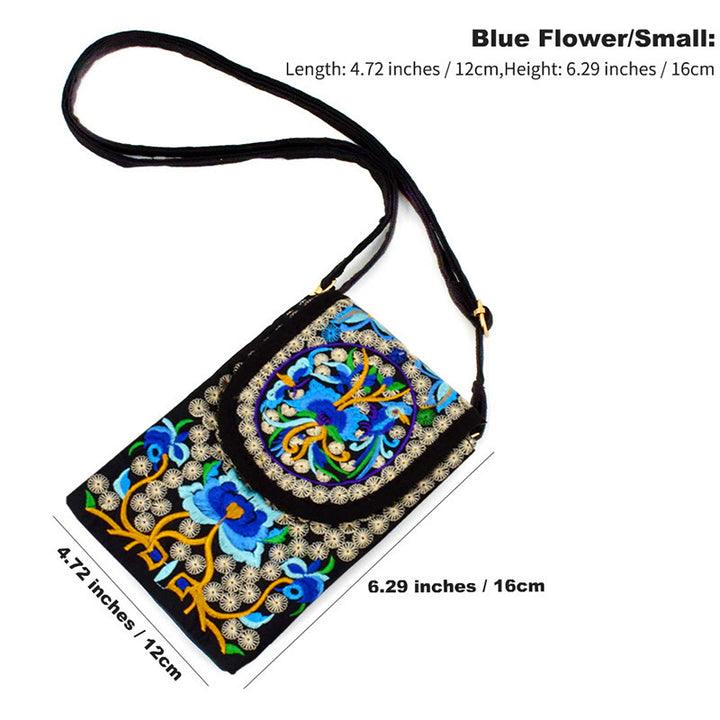 Buddha Stones Schoudertas (crossbody)/ Rugzak van canvas met Inula-bloem en rozenborduurwerk - Blauwe Inula bloem 12*1*16cm - image 8