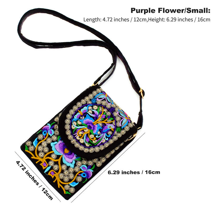 Buddha Stones Schoudertas (crossbody)/ Rugzak van canvas met Inula-bloem en rozenborduurwerk - Paarse Inula-bloem 12*1*16 cm - image 11