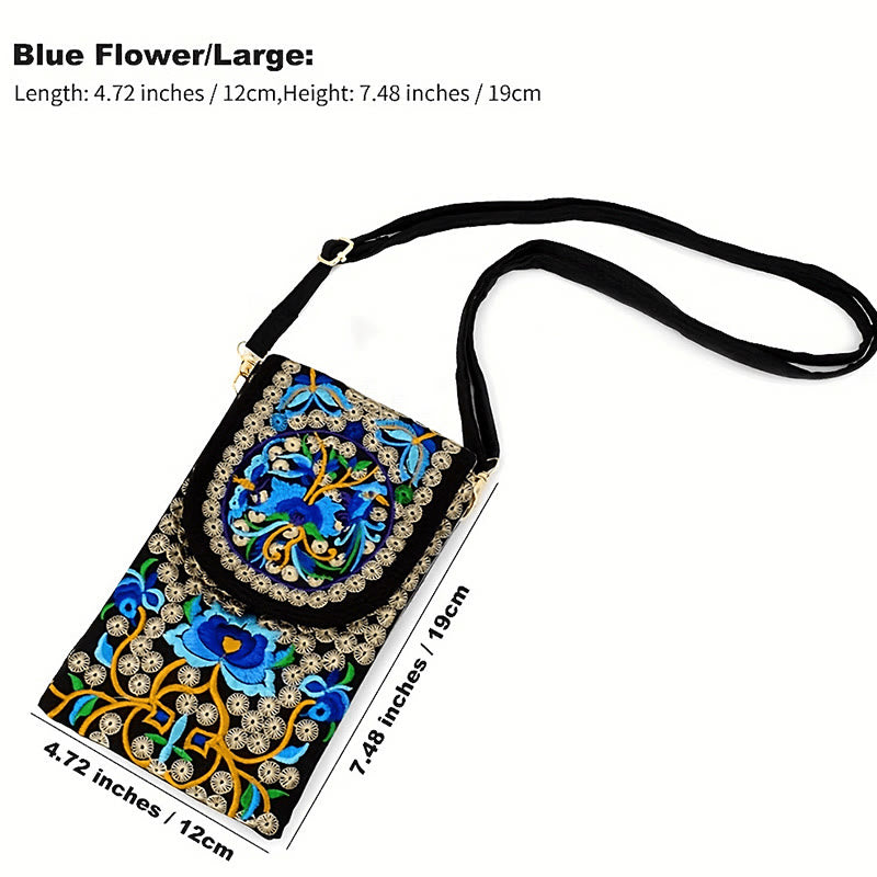 Buddha Stones Schoudertas (crossbody)/ Rugzak van canvas met Inula-bloem en rozenborduurwerk - Blauwe Inula bloem 12*1*19cm - image 7