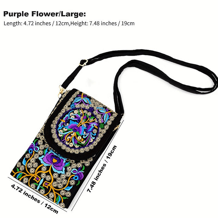 Buddha Stones Schoudertas (crossbody)/ Rugzak van canvas met Inula-bloem en rozenborduurwerk - Paarse Inula-bloem 12*1*19 cm - image 10