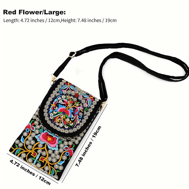 Buddha Stones Schoudertas (crossbody)/ Rugzak van canvas met Inula-bloem en rozenborduurwerk - Rode Inula-bloem 12*1*19 cm - image 1