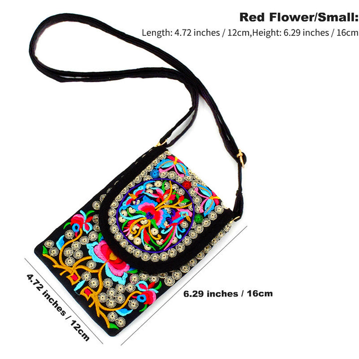 Buddha Stones Schoudertas (crossbody)/ Rugzak van canvas met Inula-bloem en rozenborduurwerk - Rode Inula-bloem 12*1*16 cm - image 2