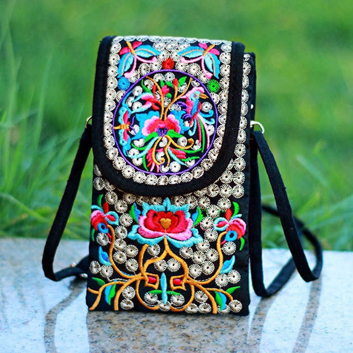 Buddha Stones Schoudertas (crossbody)/ Rugzak van canvas met Inula-bloem en rozenborduurwerk - image 0