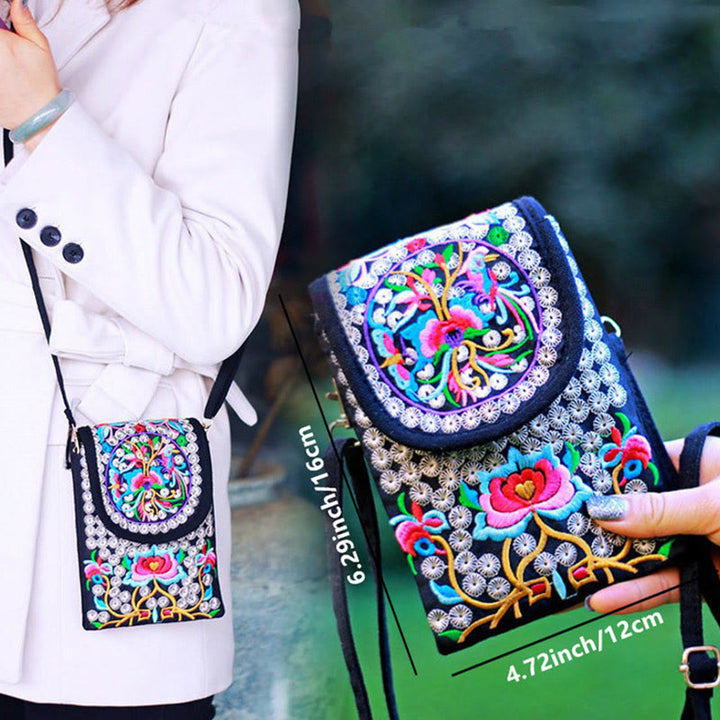 Buddha Stones Schoudertas (crossbody)/ Rugzak van canvas met Inula-bloem en rozenborduurwerk - image 3