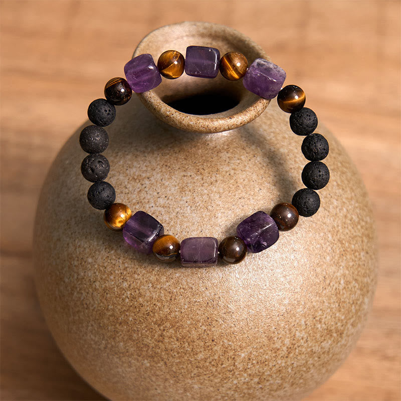 Buddha Stones Diverse kristallen kubus, amethist, lavasteen, Armband - image 3