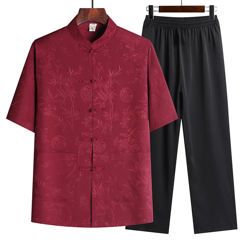 Buddha Stones Bamboe Perzikbloesem Tang Pak Hanfu Traditioneel Uniform Top met Korte mouw Broek Kleding Heren Set - Rood (Top & Broek) - US/UK/AU42, EU52 (3XL) - image 1