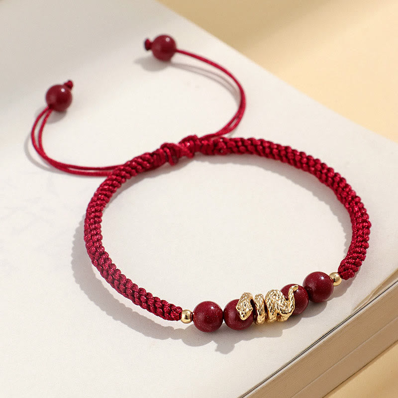 Buddha Stones Handgemaakte Armband van cinnaberhout, bescherming van het Jaar van de Slang. - Donkerrood touw (Polsomtrek: 14-16,5 cm) - image 7