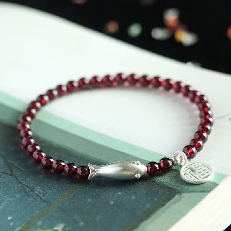 Buddha Stones Granaat 925 Sterling Zilveren Vis Fu Karakter Armband - image 11
