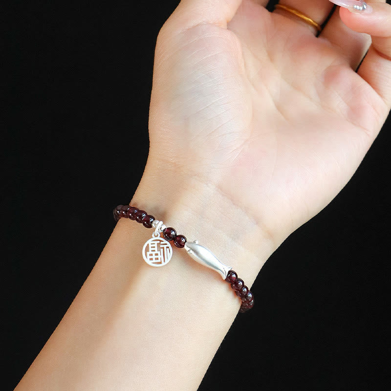 Buddha Stones Granaat 925 Sterling Zilveren Vis Fu Karakter Armband - image 12