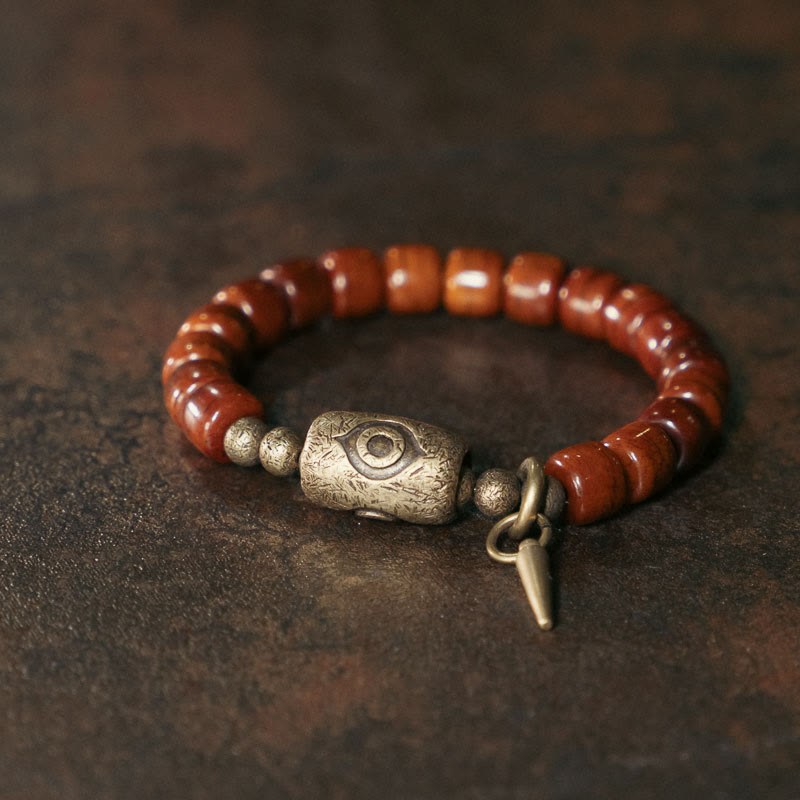 Buddha Stones Armband met hanger in de vorm van een koperen kegel en botkralen (Dzi-vorm) ter bevordering van kracht. - Botkralen van koper (Polsomtrek: 17-17,5 cm) - image 0