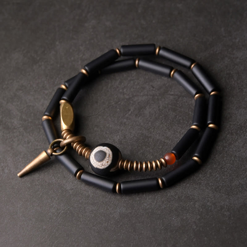 Buddha Stones Zwarte onyx koperen Dzi-kraal kegelhanger dubbele Armband - Zwarte onyx koperen Dzi-kraal (Polsomtrek: 17-17,5 cm) - image 0
