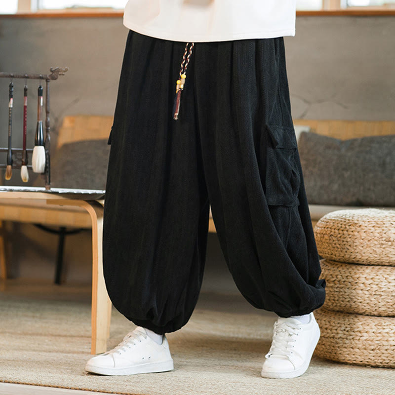 Buddha Stones Heren cargo broek met trekkoord, chenille corduroy en Zakken , herfst/winter - Zwart - US/UK/AU46, EU56 (5XL) - image 0