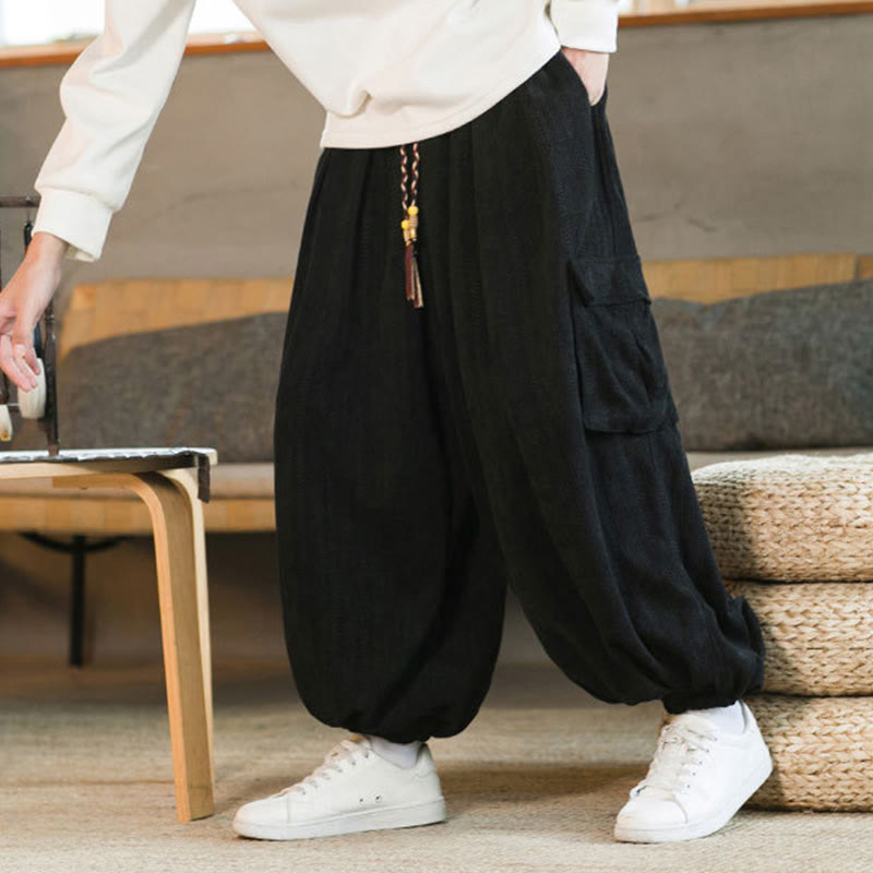 Buddha Stones Heren cargo broek met trekkoord, chenille corduroy en Zakken , herfst/winter - image 6
