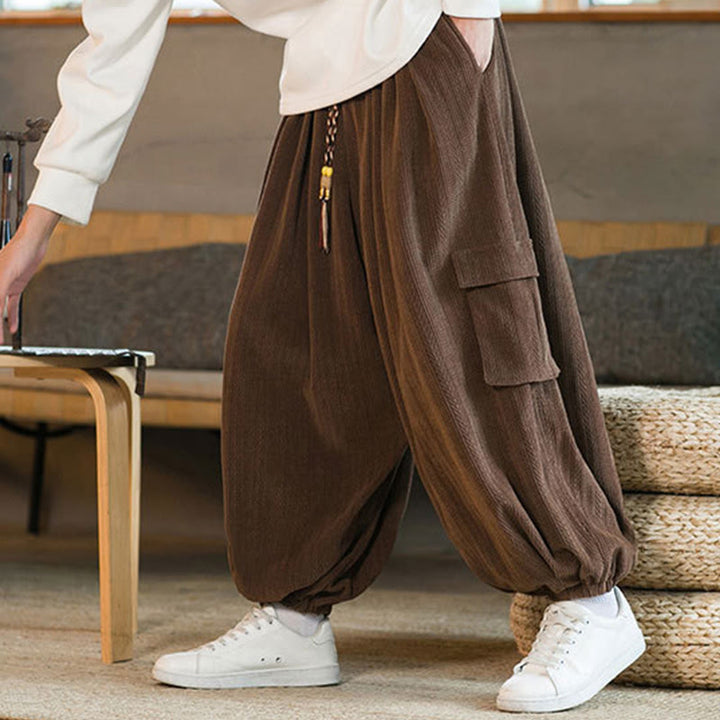 Buddha Stones Heren cargo broek met trekkoord, chenille corduroy en Zakken , herfst/winter - image 23