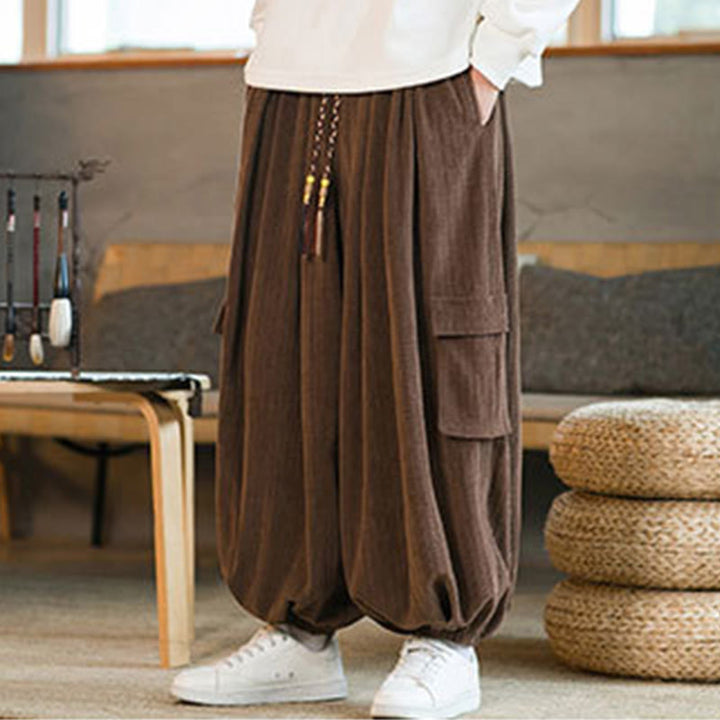 Buddha Stones Heren cargo broek met trekkoord, chenille corduroy en Zakken , herfst/winter - image 21