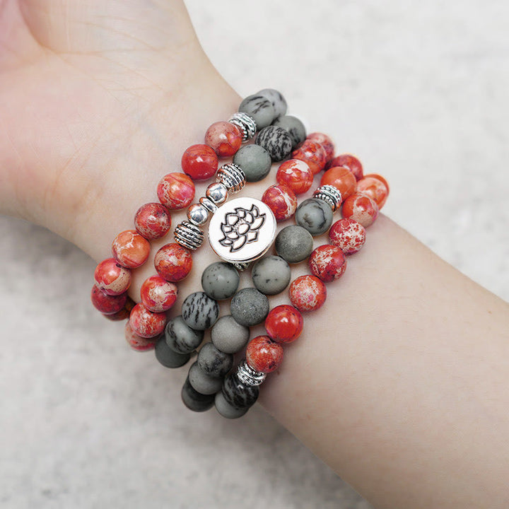 Buddha Stones 108 Mala kralen van natuursteen, zeesediment jaspis, lotus Armband - image 4